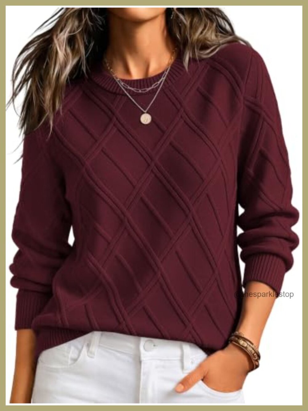 Cable Knit Sweater Long Sleeve Crewneck Pullover Viscose Nylon